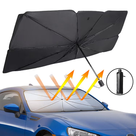 Este parasol para coche con diseño de paraguas se abre y se cierra fácilmente.